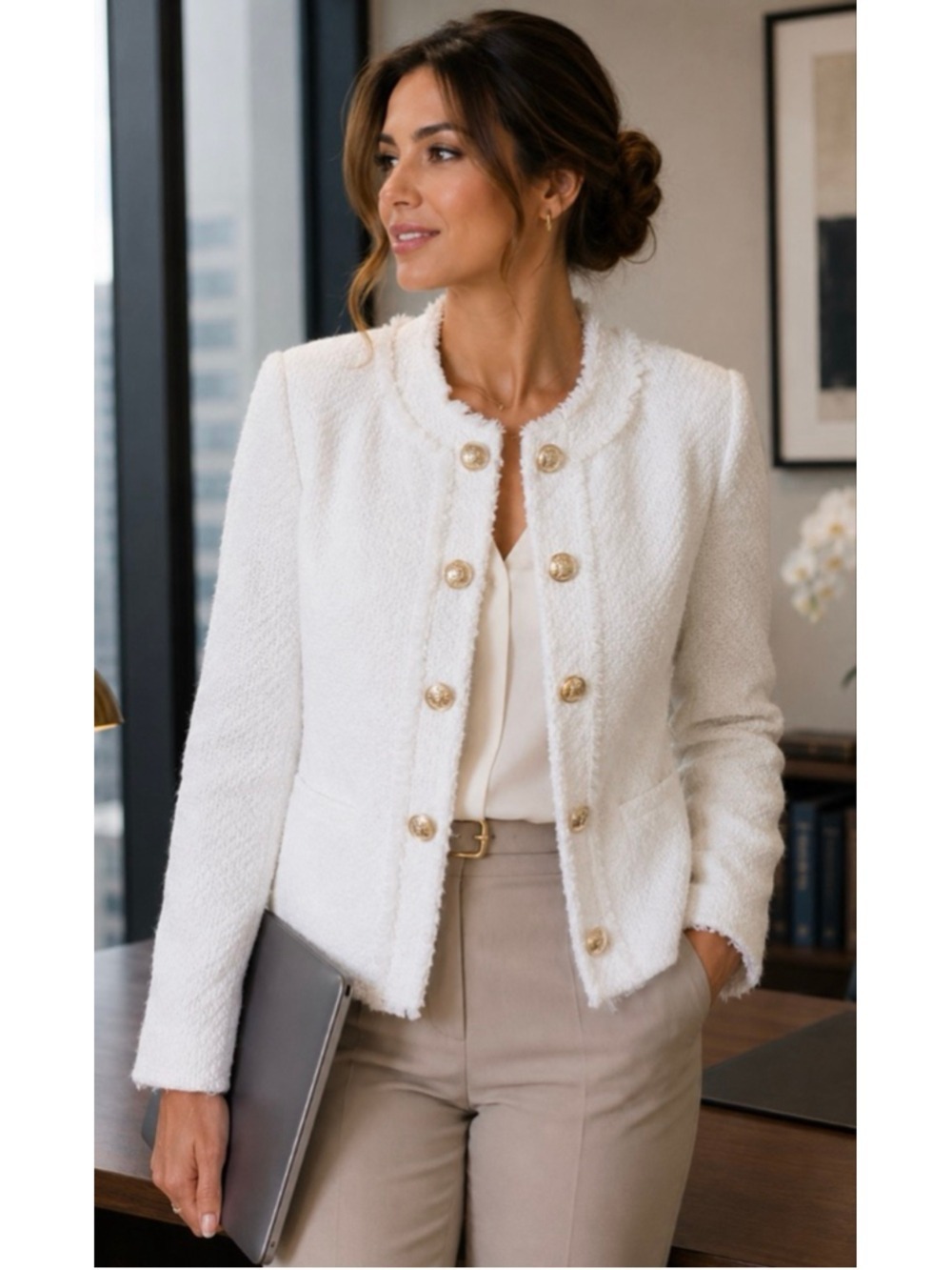New Susan graver White Tweed Blazer with Gold Buttons, Size 14
